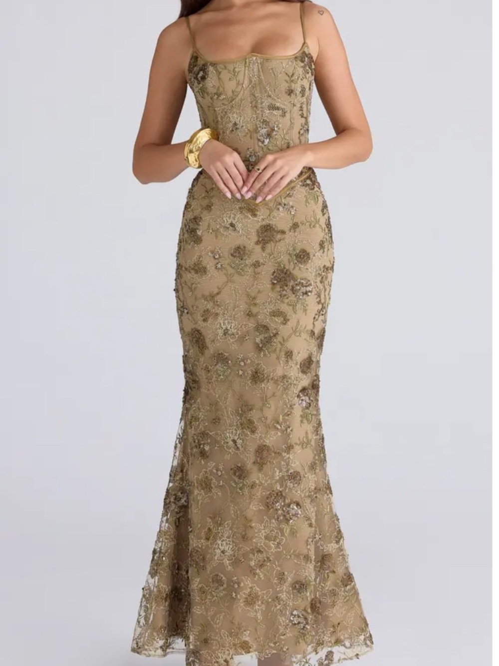 House of CB Olive Embroidered Strapless Sheath Dress